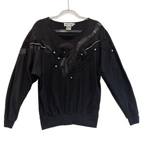Vintage Beaded Embellished Sweatshirt Black Glam Statement Top 80s Style M